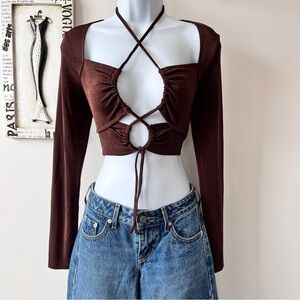 NWT H&M Boho Chocolate Brown Cut Out Long Sleeve Crop Top Size S